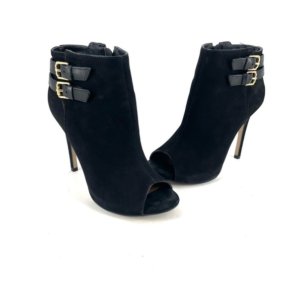 Steve Madden Amberr Black Suede Open Toe Booties - Picture 1 of 8